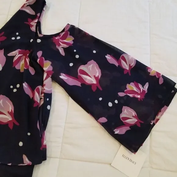 Ellen Tracy Navy Blue Floral Cold Shoulder Double V-neck Layer Blouse Size S - Picture 4 of 8